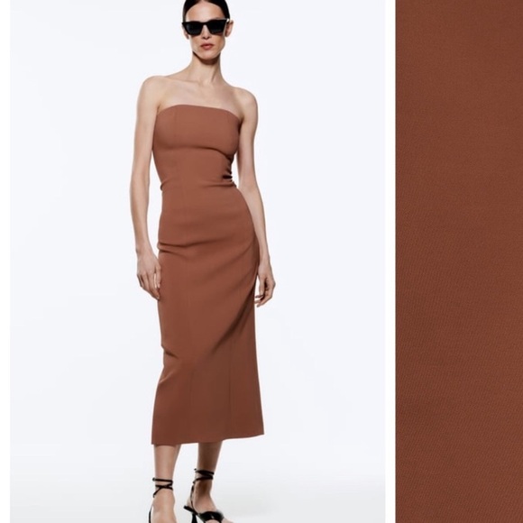 Zara Dresses & Skirts - Zara Brown Bustier Strapless Midi Dress Size M